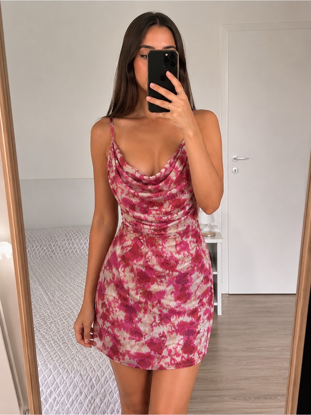 Floral Pink Cowl Neck Mini Dress